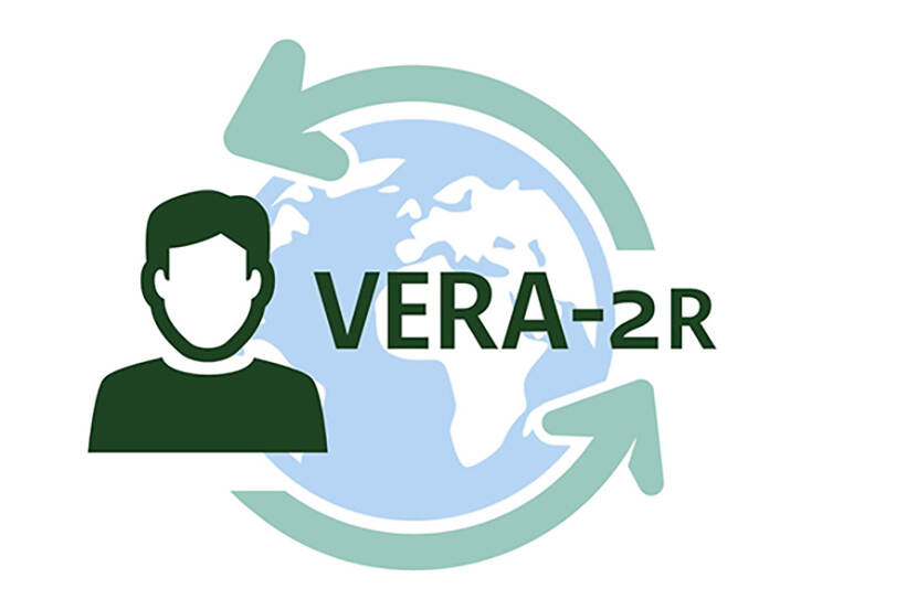 Logo VERA-2R: portrait of a man and globe with circling arrows